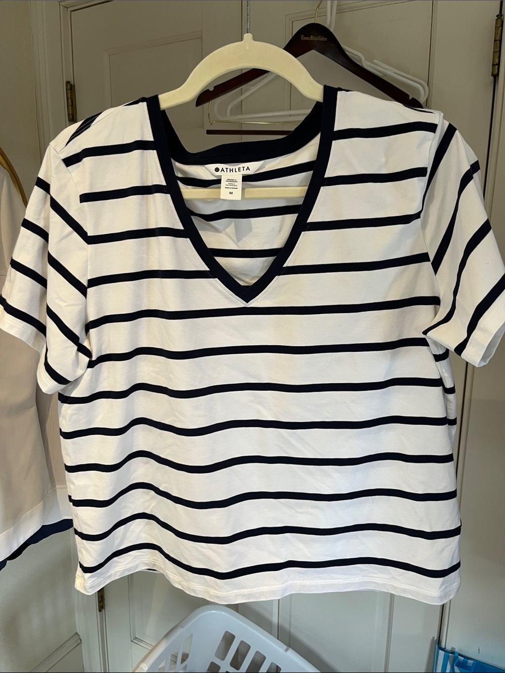Athleta White & Navy Striped V-Neck Short Sleeve Tee